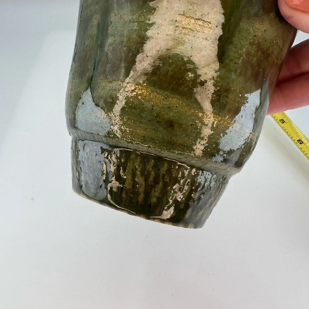 Handmade Studio Pottery Planter Vase  Cup Green Drip Glaze Tumbler Artist Signed